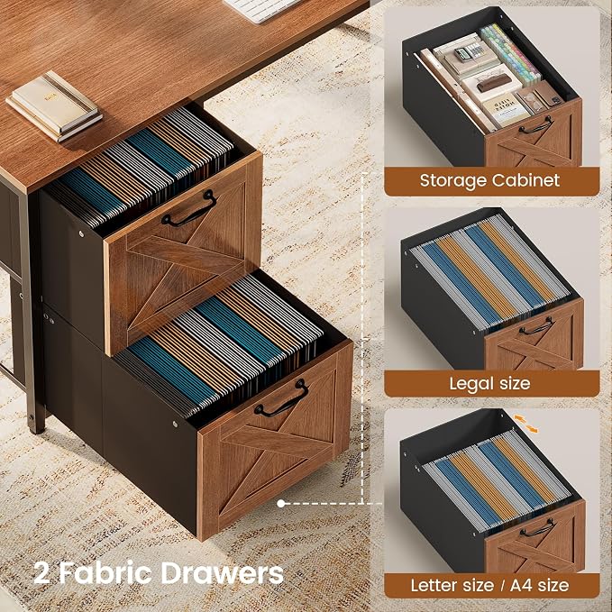 SEDETA Farmhouse L Shaped Desk with Hutch, Reversible 86.6" Home Office Two Person Desk with Drawers and LED Light, Corner Gaming Desk with Power Outlet and Storage Shelves, Brown