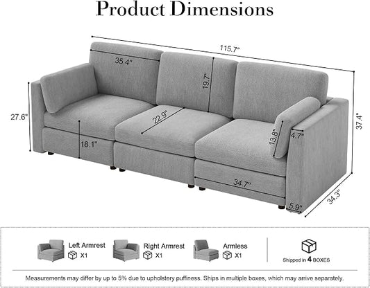 Oversized Modular Sectional Sofa 3 Seater Cloud Couches Gray | 115'' Deep Seat Couch for Living Room, Comfortable Luxury Sectional sofa, Solid Wood Frame, Removable Washable Cover