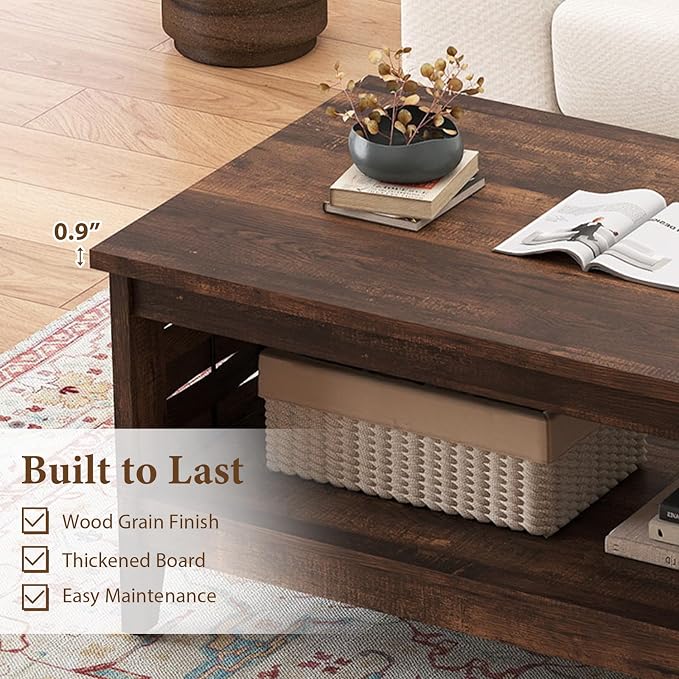 Giantex Farmhouse Coffee Table, 2-Tier Center Table with Storage Open Shelf & Woven Slatted Design, 39.5" Rectangular Accent Cocktail Table, Wood Coffee Tables for Living Room (Rustic Brown)