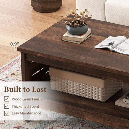 Giantex Farmhouse Coffee Table, 2-Tier Center Table with Storage Open Shelf & Woven Slatted Design, 39.5" Rectangular Accent Cocktail Table, Wood Coffee Tables for Living Room (Rustic Brown)