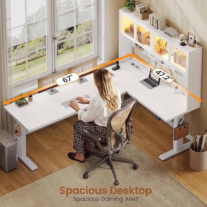 SEDETA 67" Standing L Shaped Gaming Desk, Office Computer Desk with Storage Hutch, Stand Up Corner Desk with Pegboard & Led Lights for Home Office, White