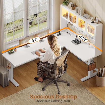 SEDETA 67" Standing L Shaped Gaming Desk, Office Computer Desk with Storage Hutch, Stand Up Corner Desk with Pegboard & Led Lights for Home Office, White