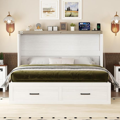 Merax Modern Farmhouse Solid Wood Murphy Cabinet Bed with Charging Station, Foldable Wall Platform Bed with Storage Drawer/No Box Spring Needed/Easy Assemble/Queen, White
