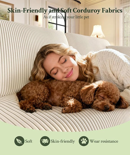 Welzona 70.2" Couches for Living Room, Comfy L Shaped Couch Beige 7.1" Thicker Cushion, Sofas for Living Room Tool-Free Setup, Loveseat with Ottoman 705lbs Support, Corduroy Couch for Bedroom, Office