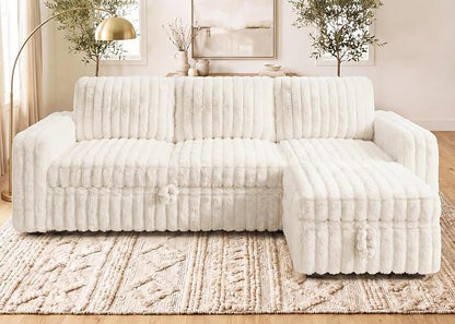 HONBAY Plush Corduroy Modular Sectional Sofa with Pull Out Bed L Shaped Sleeper Sofa with Storage Sectional Couches for Living Room,Plush Beige