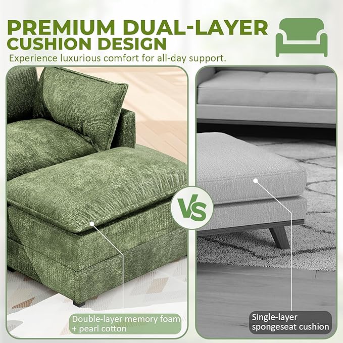 LEVELEVE 147" U-Shape Modular Sofa with 2 Ottomans, Deep Seat Cloud Convertible Sleeper, 2 Arm Pillows, Comfortable Large Upholstered Furniture for Living Room Apartment, Green