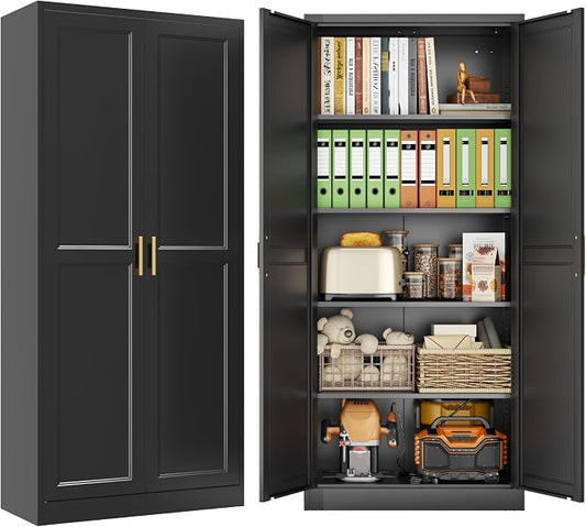71" Metal Pantry Cabinet,Storage Cabinet with Doors and Shelves | Metal Storage Cabinet,Gold Handles,Adjustable Shelves,Magnetic Doors,Leveling Feet,Anti-tipping,for Kitchen/Garage Black