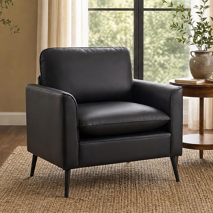 TYBOATLE Accent Chair, Faux Leather Chairs, Mid Century Modern Comfy Living Room Chairs, Cozy Office Reading Chair, Reception Armchairs for Office, Bedroom, Waiting Room (Black) (1)