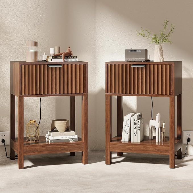 Nasonet Night Stand Set 2, Fluted Nightstand with Charging Station, Wood Bedside Table with Drawer & Storage Shelf, Modern End Tables for Bedroom Sofa Couch Office, Walnut