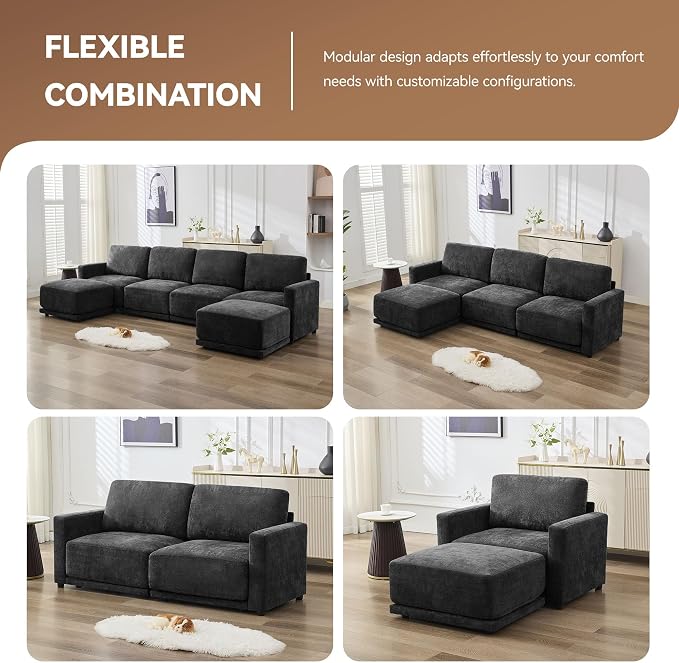 77.4" Chenille Modular Loveseat Oversized Upholstered 2 Seater Sectional Sofa with Thickened Cushions, Easy Assembly, Modern Comfy Love Seat Couch for Living Room, Black