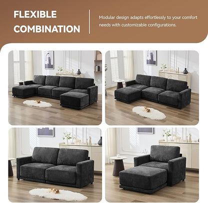 143.8" Modular U Shaped Sofa, Oversized Sectional Cloud Couch, 6 Seater Deep Seat Couches with 2 Movable Ottomans, Comfy Thickened Sofas for Living Room, Chenille Black