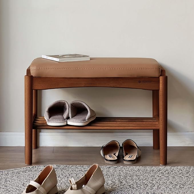 Solid Wood Shoe Bench (Assembled), 600lb Weight Capacity, Durable Cloud-Soft Leather Upholstered Entryway Bench for Entryway, Hallway, Living Room, Bedroom,11.8"x23.6"x16.5", Walnut