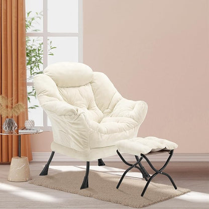 Youtanic Lazy Chair with Folding Ottoman, Accent Chair Plush Upholstered with Metal Structure and Non-Slip Pads, Sofa Armchair with Footrest and Side Storage Bag for Dorm, Room, Office, Beige
