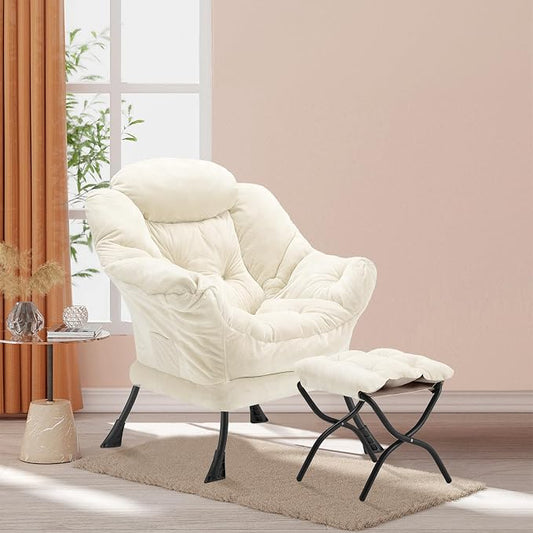 Youtanic Lazy Chair with Folding Ottoman, Accent Chair Plush Upholstered with Metal Structure and Non-Slip Pads, Sofa Armchair with Footrest and Side Storage Bag for Dorm, Room, Office, Beige