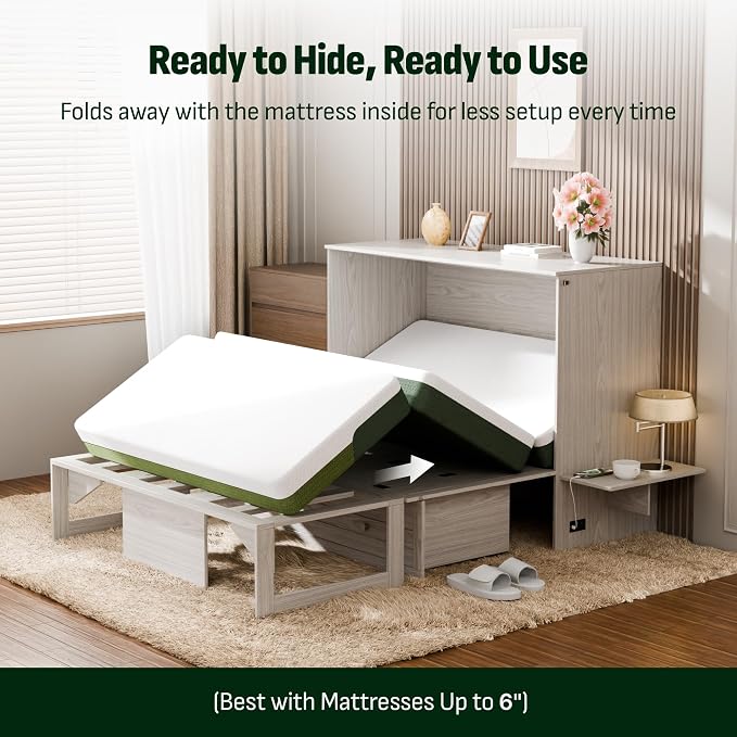 Softa Full Murphy Bed Cabinet with 6" Tri-Fold Mattress, Storage Drawer & Charging Station, 1200 Lb Heavy Duty Wood Wall Bed with Fold-Down Desk for Guest Room & Home Office, No Box Spring Needed