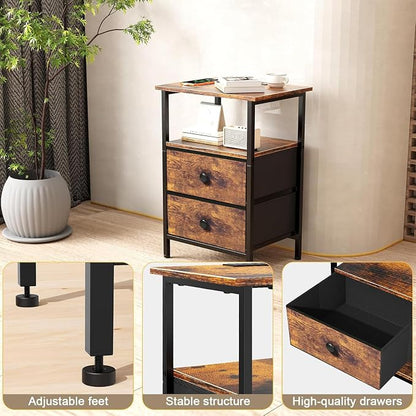 Nightstand with Charging Station, Bedside End Table with 2 Fabric Drawers for Bedroom, Side Table with USB Ports and Outlets, Rustic Brown
