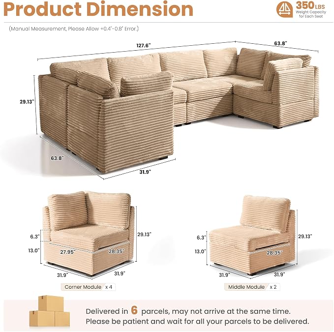 ovios Modular Sectional Sofa Couch with U-Shape Chaises Convertible, Comfy Plush Corduroy Cloud Couches, Modern Luxury Deep Seat Sofas Set for Living Room, 6-Seater, Beige
