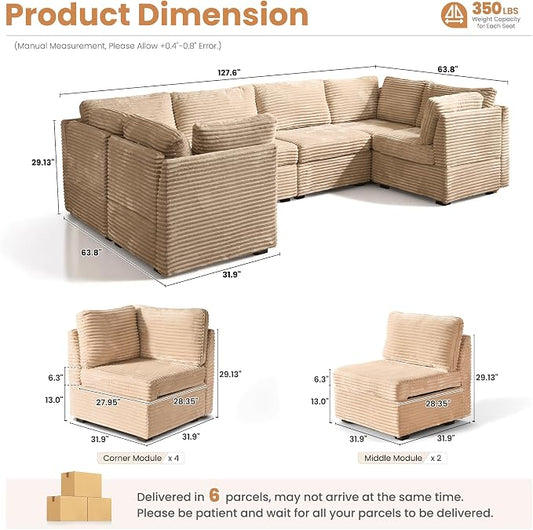 ovios Modular Sectional Sofa Couch with U-Shape Chaises Convertible, Comfy Plush Corduroy Cloud Couches, Modern Luxury Deep Seat Sofas Set for Living Room, 6-Seater, Beige
