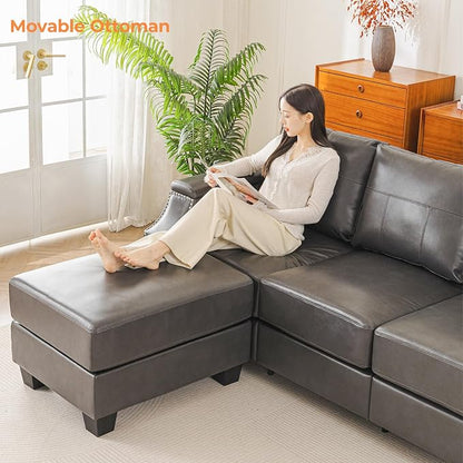 85'' Faux Leather Couch with Armrest Organizer,Sectional Sofa with Storage Movable Ottoman,Solid Wooden Frame,Thick Cushion,3 Seater L Shaped Couches for Living Room,Apartment,Home Furniture,Gray