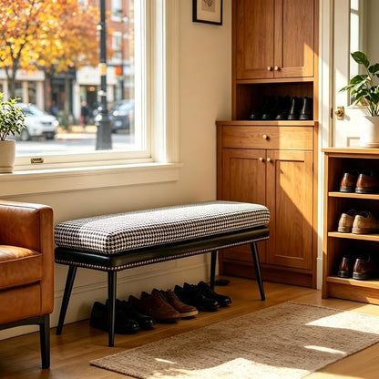 Forteek 32" Retro Upholstered Entryway Bench, Shoe Bench with Cushion | Leather & Fabric Padded Bench, End of Bed Bench for Bedroom, Dining Bench for Living Room, Storage Bench for Hallway & Foyer