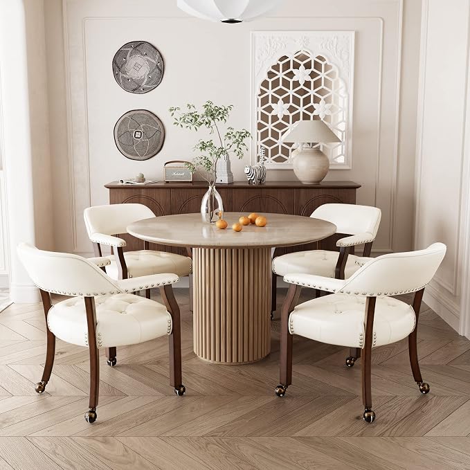 LEEMTORIG Set of 2 Large Dining Chairs with Casters and Arms, Rolling Dining Chairs with Wheels, Poker Chairs, Solid Wood Boss Caption's Chairs, 26"D x 25.2"W x 31.5"H, Cherry Legs & Ivory, SY-1533-WT