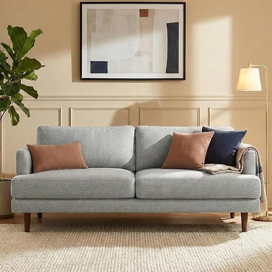 SIMPLIHOME Livingston 90-inch Wide Sofa in Mist Grey Woven-Blend Fabric, Handcrafted Mid-Century Modern Oversized 3-Seater Couch Sofa for Living Room or Family Room, Solid Wood Frame
