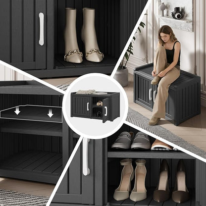 Outdoor Shoe Bench, Waterproof UV-Resistant Indoor Resin Shoe Cabinet, Entryway Shoe Storage Bench with 2 Doors, for Entryway, Hallway, Living Room, Bedroom, Black