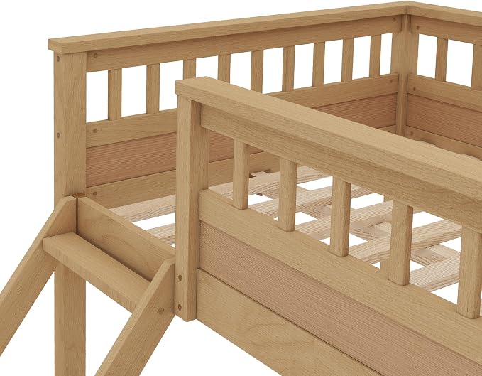 RUNNA Twin XL Over Queen Bunk Bed, Detachable, Ladder, Natural | Twin XL over queen bunk bed, detachable design, ladder, guardrails, solid wood frame, no box spring needed, rustic natural