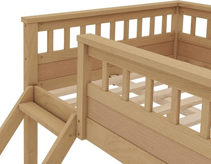 RUNNA Twin XL Over Queen Bunk Bed, Detachable, Ladder, Natural | Twin XL over queen bunk bed, detachable design, ladder, guardrails, solid wood frame, no box spring needed, rustic natural
