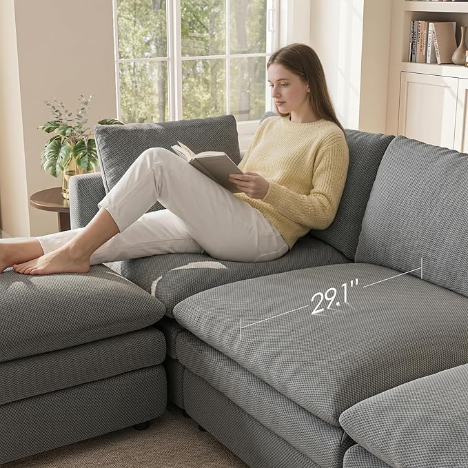 97" Cloud Couches for Living Room, 29.1" Deep Seat Modular Sectional Sofa, L Shaped Cloud Sofa with One Movable Ottoman