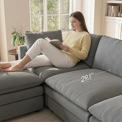 97" Cloud Couches for Living Room, 29.1" Deep Seat Modular Sectional Sofa, L Shaped Cloud Sofa with One Movable Ottoman