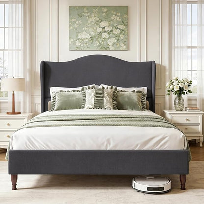 Welzona Queen Size Bed Frame 51" Tall Wingback Headboard, Soft Fabric Upholstered Platform Bed with Solid Wood Legs and Wooden Slats Support, No Box Spring Needed, Easy Assembly,Grey