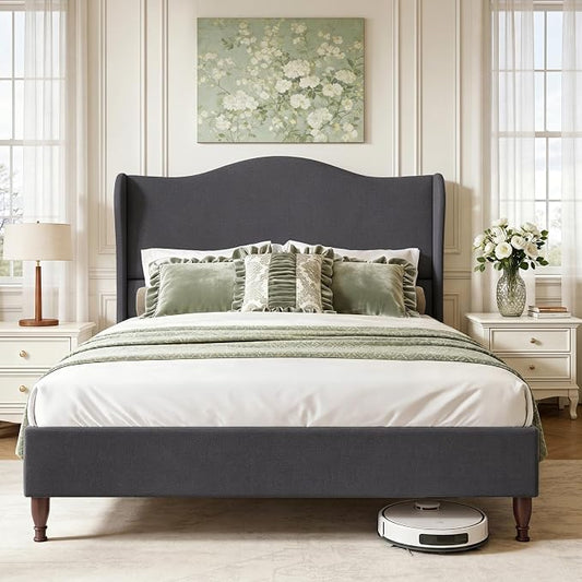 Welzona Full Size Bed Frame 51" Tall Wingback Headboard, Soft Fabric Upholstered Platform Bed with Solid Wood Legs and Wooden Slats Support, No Box Spring Needed, Easy Assembly,Grey