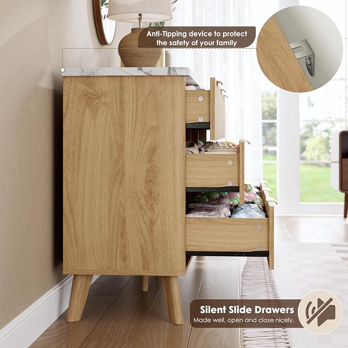 Fluted Dresser for Bedroom with 9 Deep Drawers, 60.6" Wide Modern Chest of Drawer with Faux Marble Top, Wooden Dresser TV Stand, Curved Profile Design, for Living Room, Kids Room, Hallway, Natural Oak