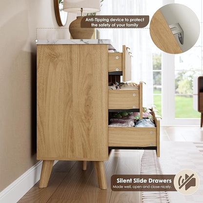 Fluted Dresser for Bedroom with 9 Deep Drawers, 60.6" Wide Modern Chest of Drawer with Faux Marble Top, Wooden Dresser TV Stand, Curved Profile Design, for Living Room, Kids Room, Hallway, Natural Oak