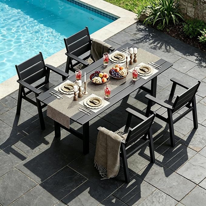 Outdoor Dining Set,5-Piece Patio Table and Chairs Set for 4, HDPE Outdoor Dining Table and Chairs with Umbrella Hole, All-Weather Patio Dining Furniture Set,Black