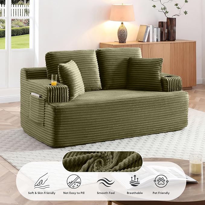 66.5'' Boneless Sofa Couch with Cup Holders & Side Pockets, Modern Corduroy Fabric Upholstered Loveseat Couch with 2 Throw Pillows for Living Room Office, No Assembly (Green)