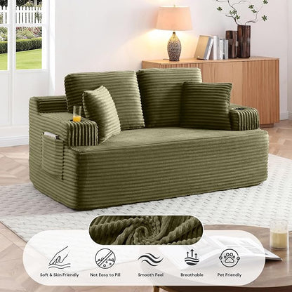 66.5'' Boneless Sofa Couch with Cup Holders & Side Pockets, Modern Corduroy Fabric Upholstered Loveseat Couch with 2 Throw Pillows for Living Room Office, No Assembly (Green)