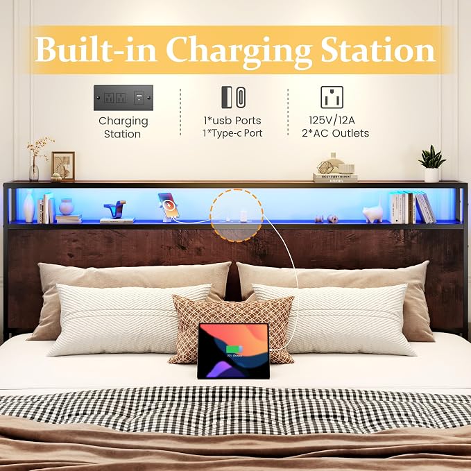 Lifezone King Bed Frame with 2-Tier Storage Headboard, Metal Platform Bed Frame with 4 Storage Drawers, Built in Charging Station & LED, Noise-Free/Metal Support/No Box Spring Needed, Coffee Brown