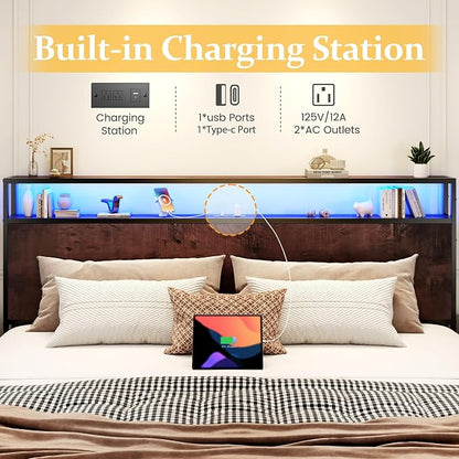 Lifezone King Bed Frame with 2-Tier Storage Headboard, Metal Platform Bed Frame with 4 Storage Drawers, Built in Charging Station & LED, Noise-Free/Metal Support/No Box Spring Needed, Coffee Brown