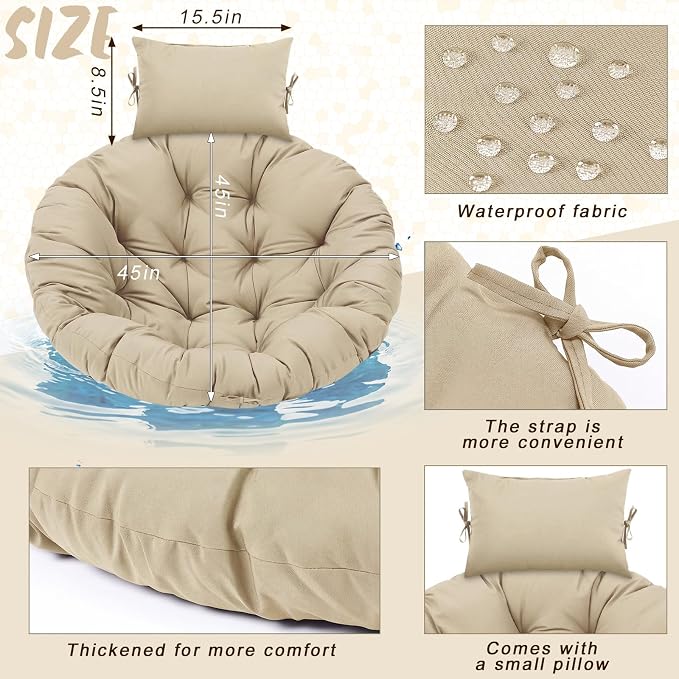 Tudomro Beige Egg Chair Cushion Hanging Basket Chair Replacement 45x45 Hammock Basket Swing Waterproof Cushion Hanging Swing Pads with Headrest for Indoor Outdoor Porch Backyard Patio Garden