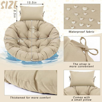 Tudomro Beige Egg Chair Cushion Hanging Basket Chair Replacement 45x45 Hammock Basket Swing Waterproof Cushion Hanging Swing Pads with Headrest for Indoor Outdoor Porch Backyard Patio Garden