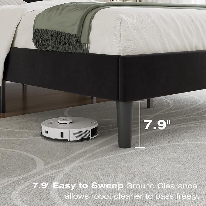 VECELO Queen Bed Frame, Velvet & Black | Upholstered Headboard, Heavy-duty Platform, Strong Wooden Slats Support, No Box Spring Needed