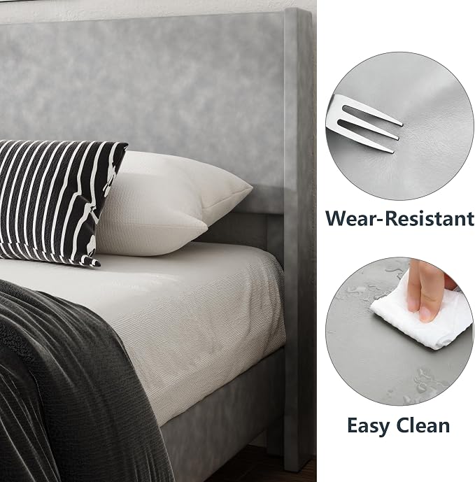King Bed Frame with Faux Leather Upholstered Headboard, Wear-Resistant, Easy Clean, Mattress Foundation, No Box Spring Required, Easy Assembly, Grey