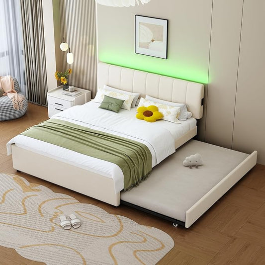 Queen Size Upholstered Platform Bed with Pull-Out Trundle Bed | Twin Size Trundle, LED Lighting Controlled by APP, USB+Type-C Charging Ports, Chenille Upholstered Bed Frame,Beige