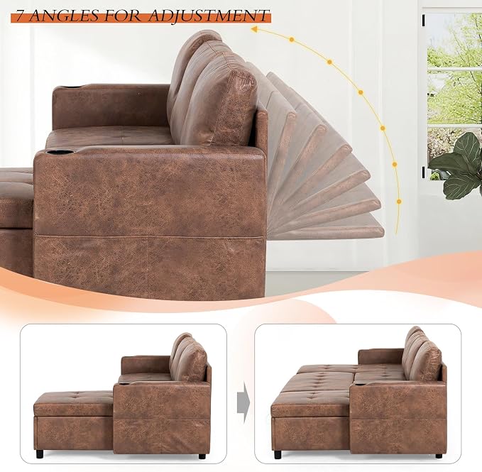 84" L-Shape Pull Out Sofa Bed with Adjustable Backrest, Upholstered Sectional Sleeper Sofa with Storage Chaise, Suede Leather Reversible Couch Bed with USB Port for Living Room, House, Brown