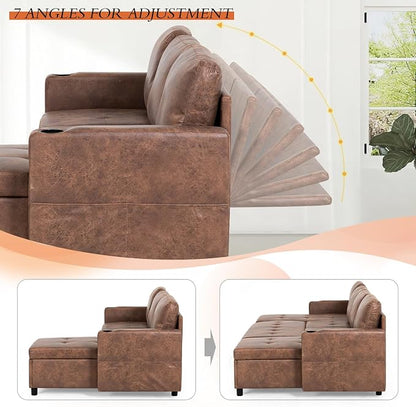 84" L-Shape Pull Out Sofa Bed with Adjustable Backrest, Upholstered Sectional Sleeper Sofa with Storage Chaise, Suede Leather Reversible Couch Bed with USB Port for Living Room, House, Brown