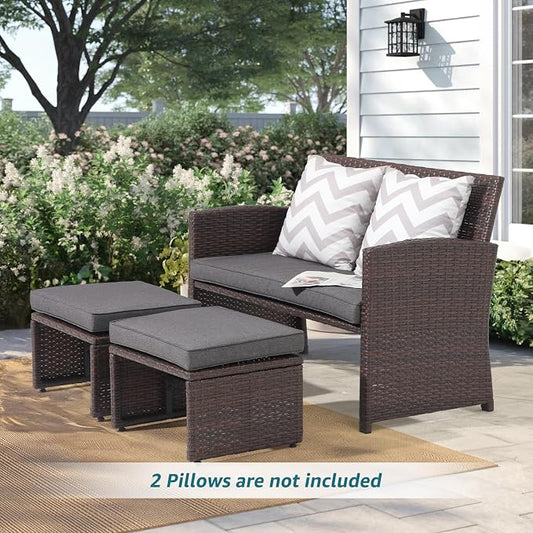 OC Orange-Casual Outdoor Loveseat 3 Piece Patio Furniture Set Outdoor Conversation Set All-Weather Wicker Love Seat with Ottoman/Side Table, Brown Rattan, Dark Grey