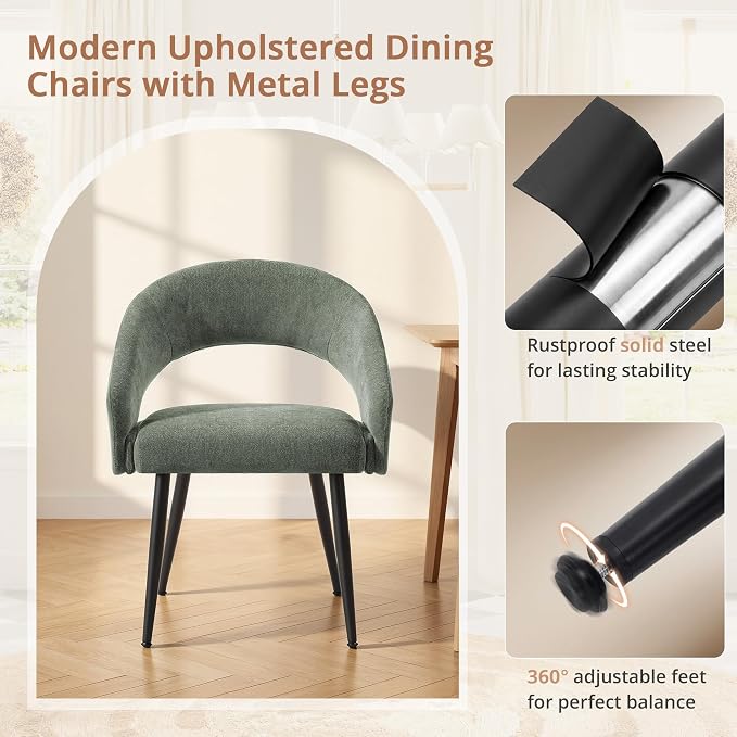 LUE BONA Modern Dining Chairs Set of 6, Upholstered Armrest Side Chairs for Kitchen & Dining Room, 18.5" Seat Height, Comfortable Curved Hollow Backrest, Black Metal Legs, Easy Assembly, Grayish Green