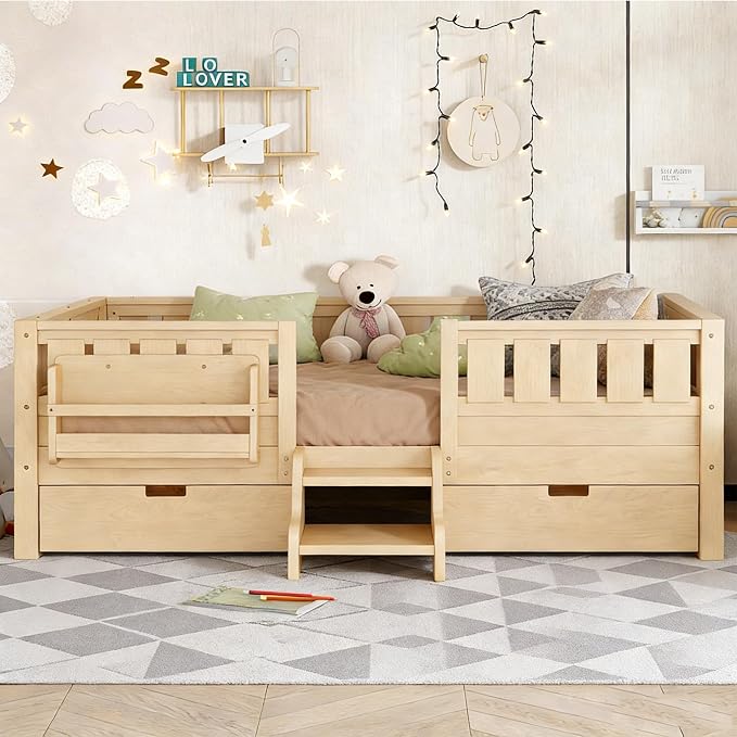 Bellemave Twin Size Kids Montessori Bed with Stairs and Bookshelf,Solid Wood Twin Size Kids Bed Frame with Drawers and Storage for Girls Boys,Low-Profile,Light Natural